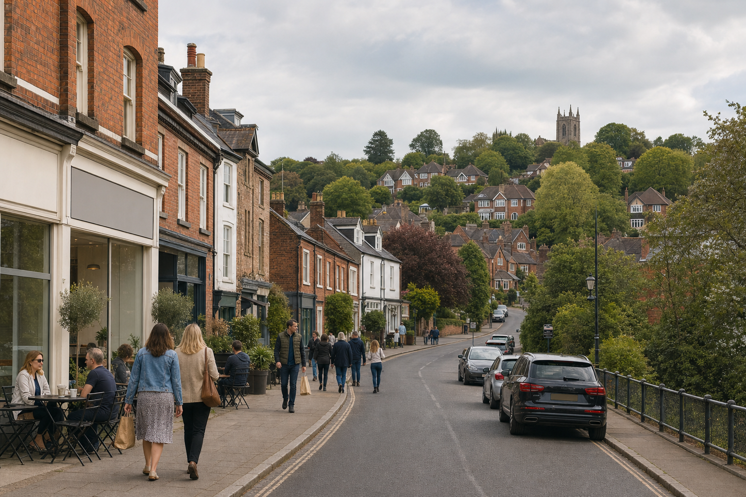 People walking and sitting at outdoor cafés along a quaint street with brick buildings and a church on a hillside in the background.