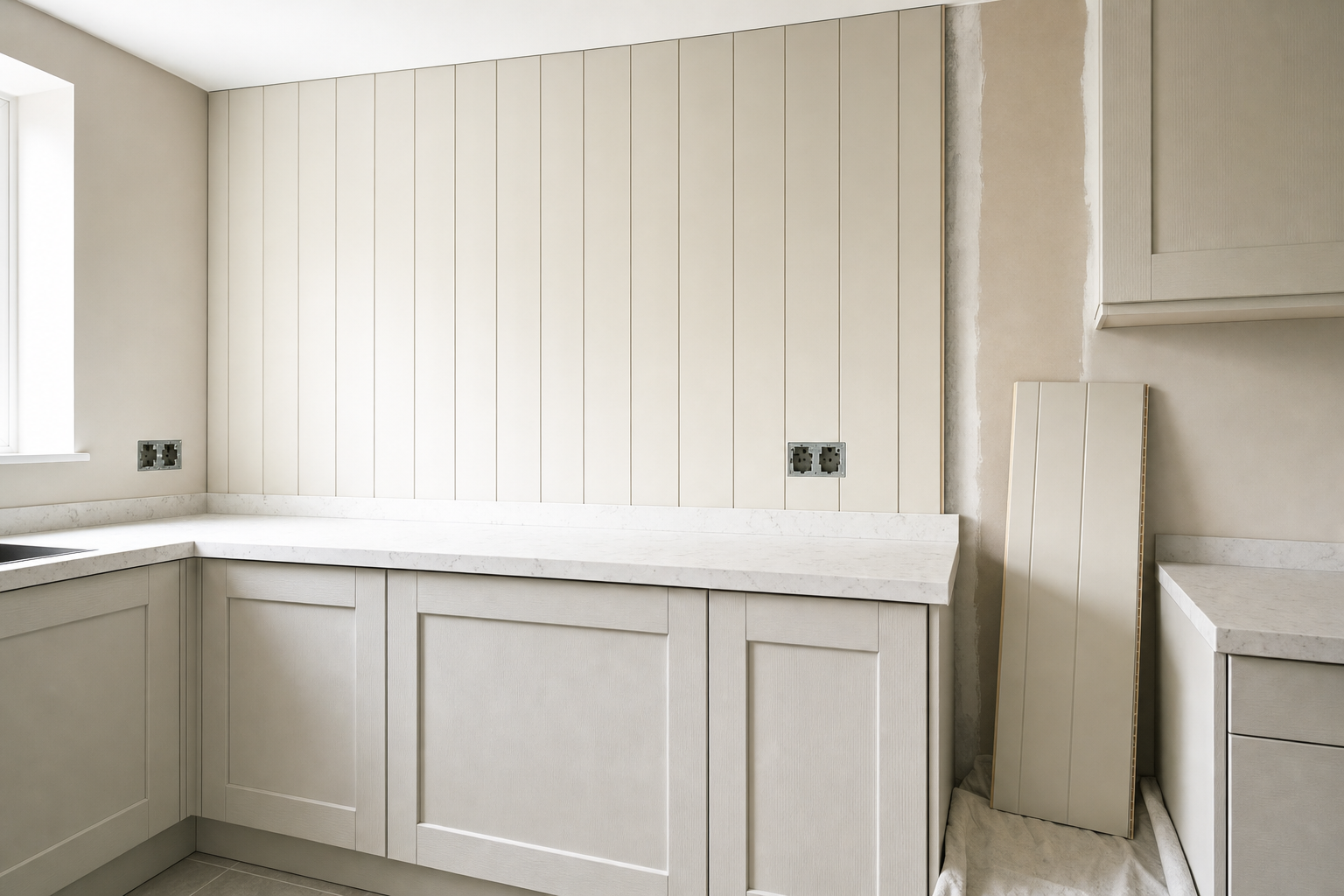 Modern kitchen interior with beige panelling and marble countertops.