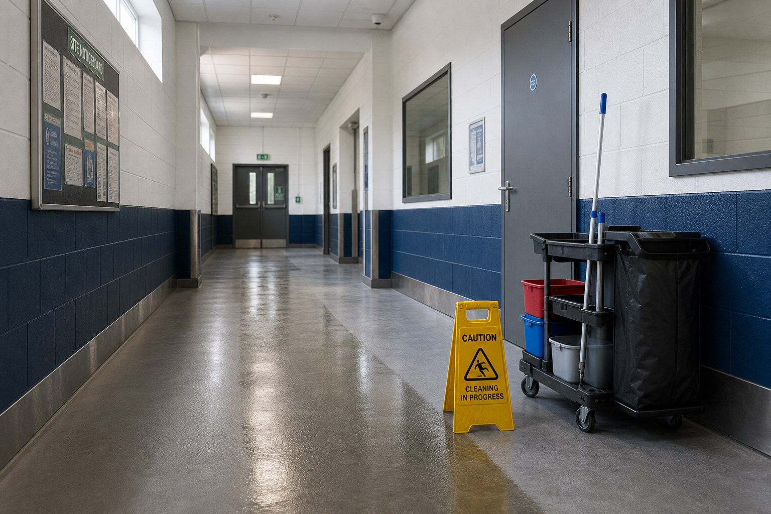 Corridor with a cleaning trolley and caution sign indicating cleaning in progress, alongside a notice board and closed doors.