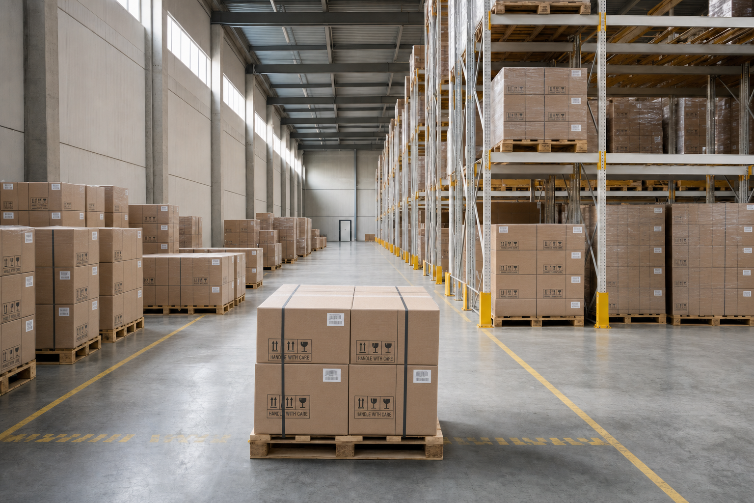 Large warehouse with stacked cardboard boxes on pallets along tall metal shelves.