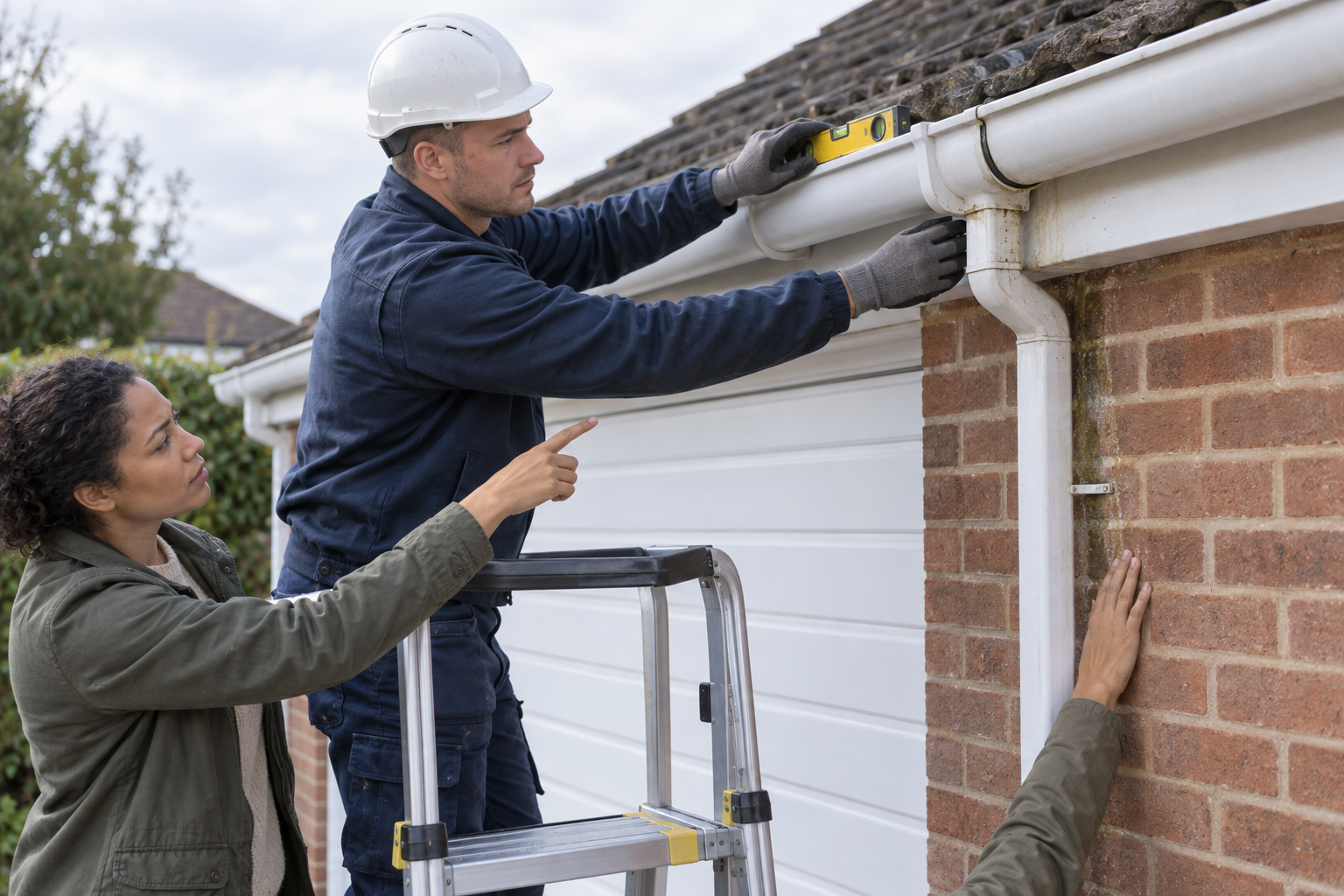 A worker on a ladder adjusts a gutter while a woman points and another person assists on the ground.