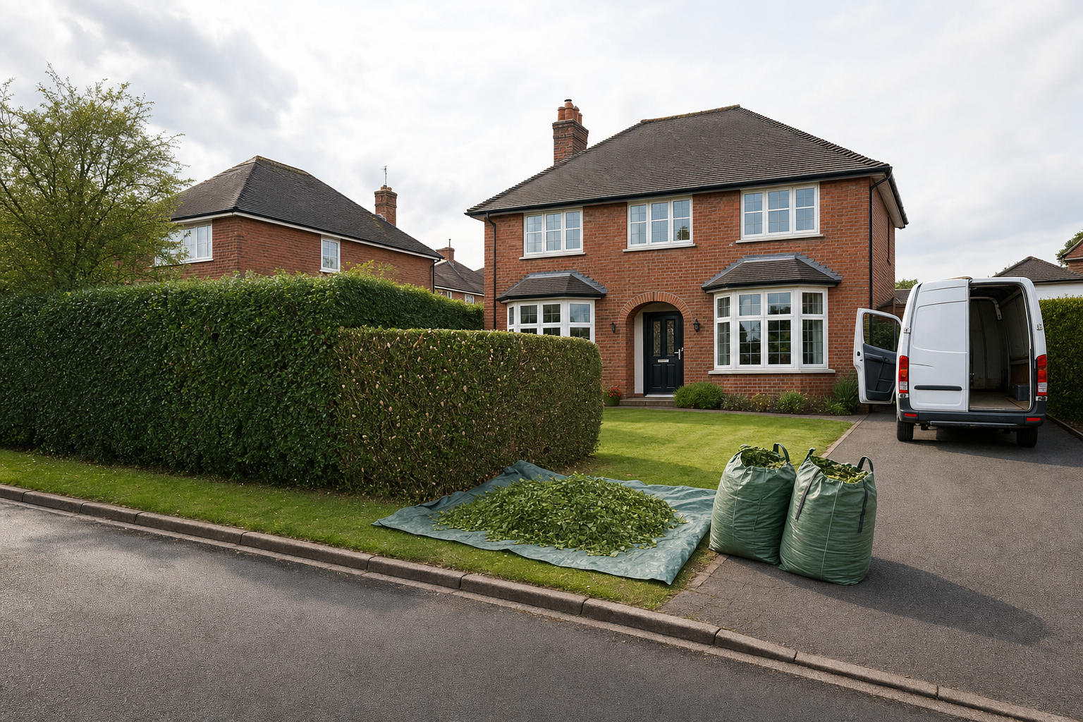 A neatly trimmed hedge with cuttings bagged and van parked outside a red brick house.