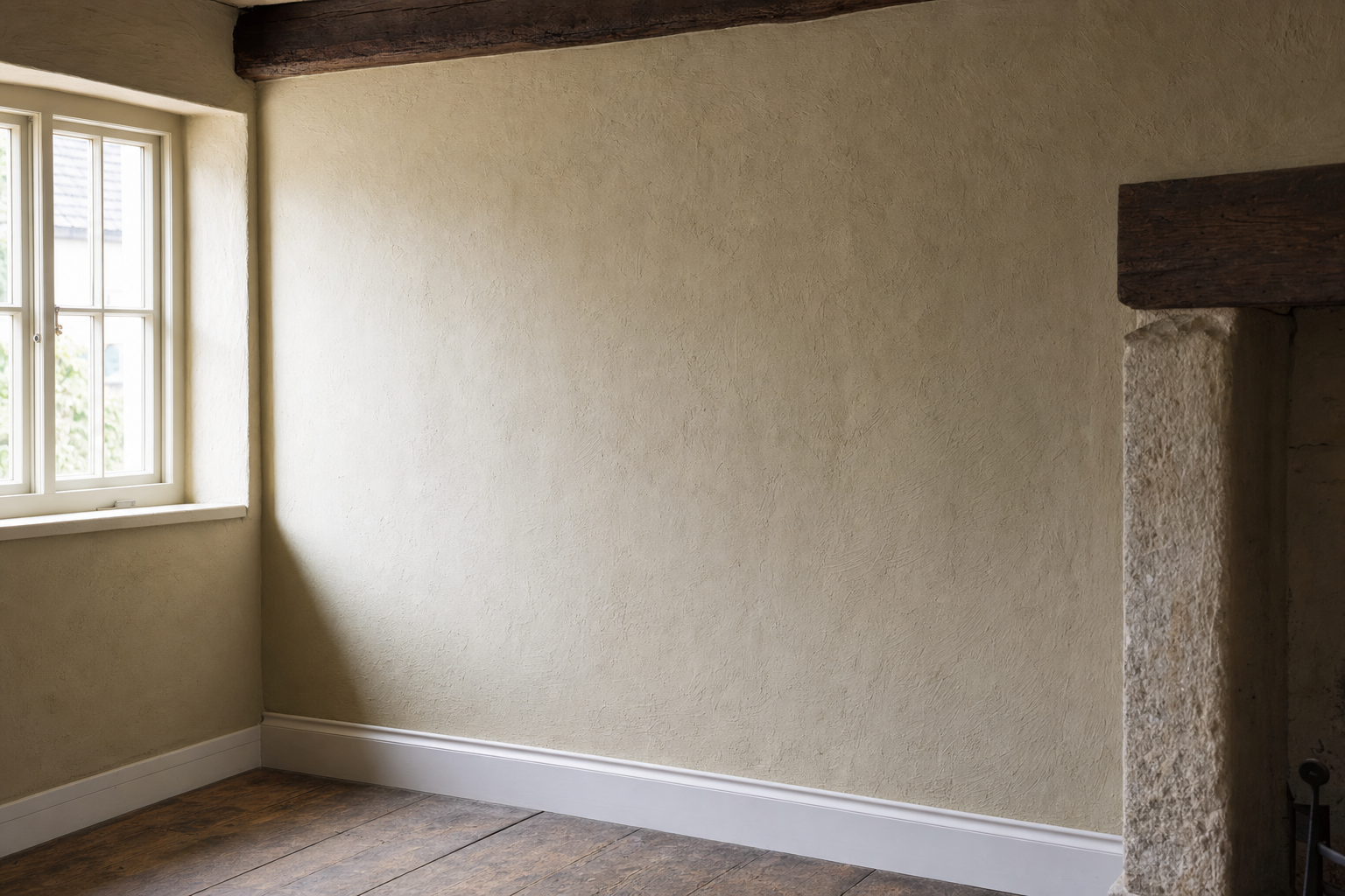 Empty room with textured beige walls, wooden floor, and a window letting in natural light.