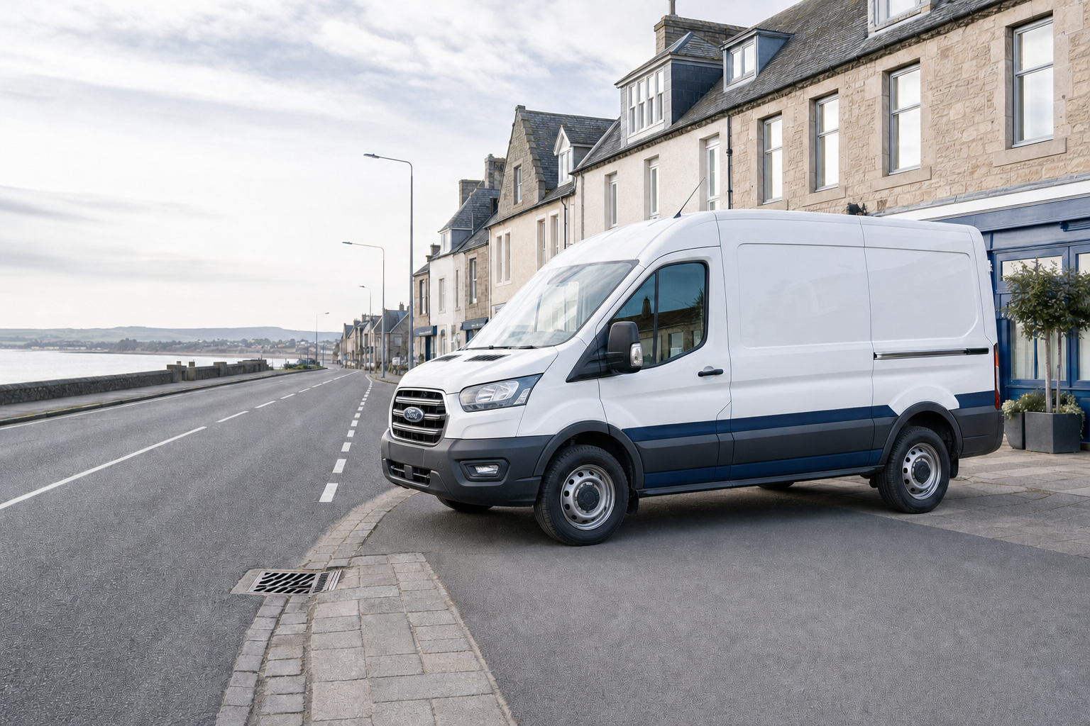 A white van parked on a coastal road with stone buildings in the background.