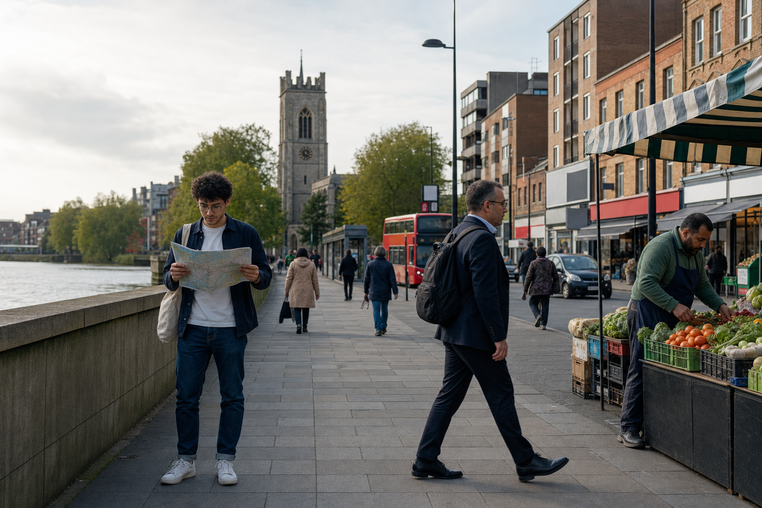 A man reads a map by the riverside, with a church, people, and a fruit stall in the background.