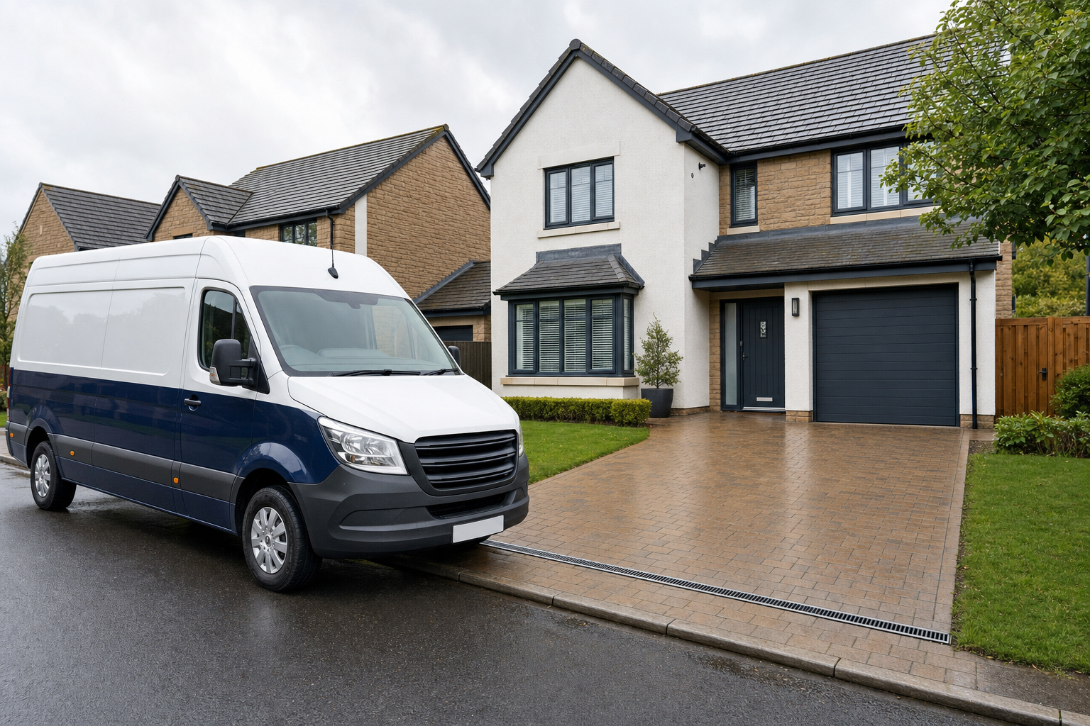 A white van is parked on the road outside a modern detached house with a driveway and garage.