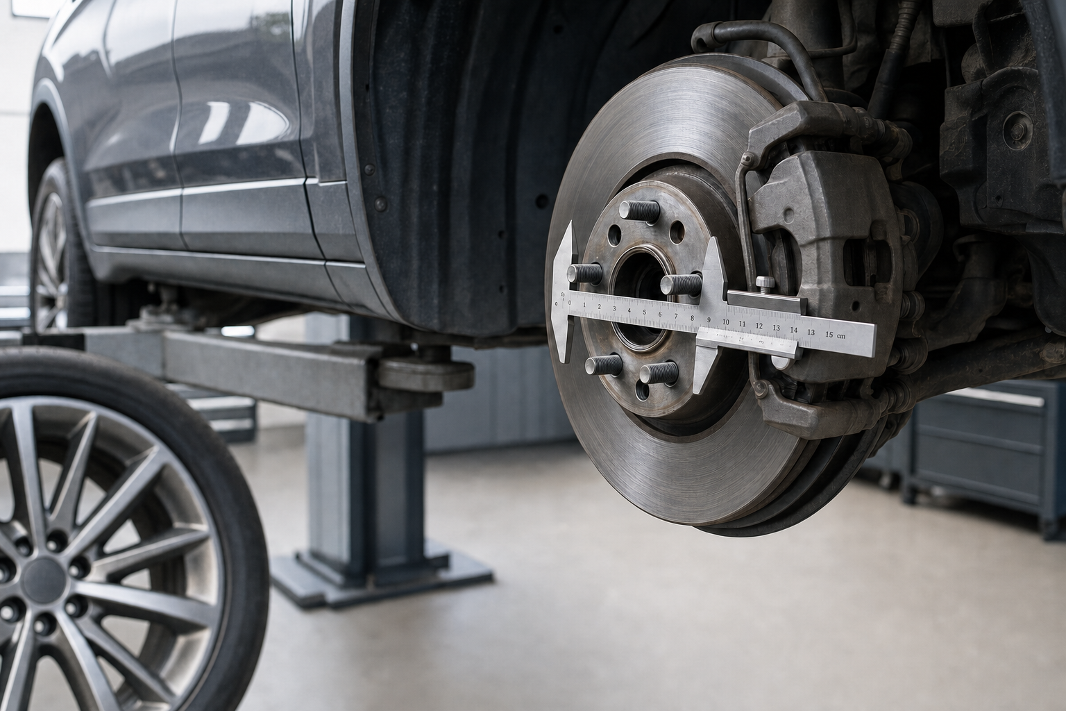 A car brake disc measured by a tool in a garage on a lift platform.
