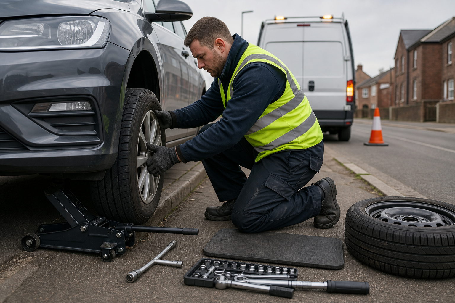 Mechanic in a reflective vest changing a car tyre on a roadside.