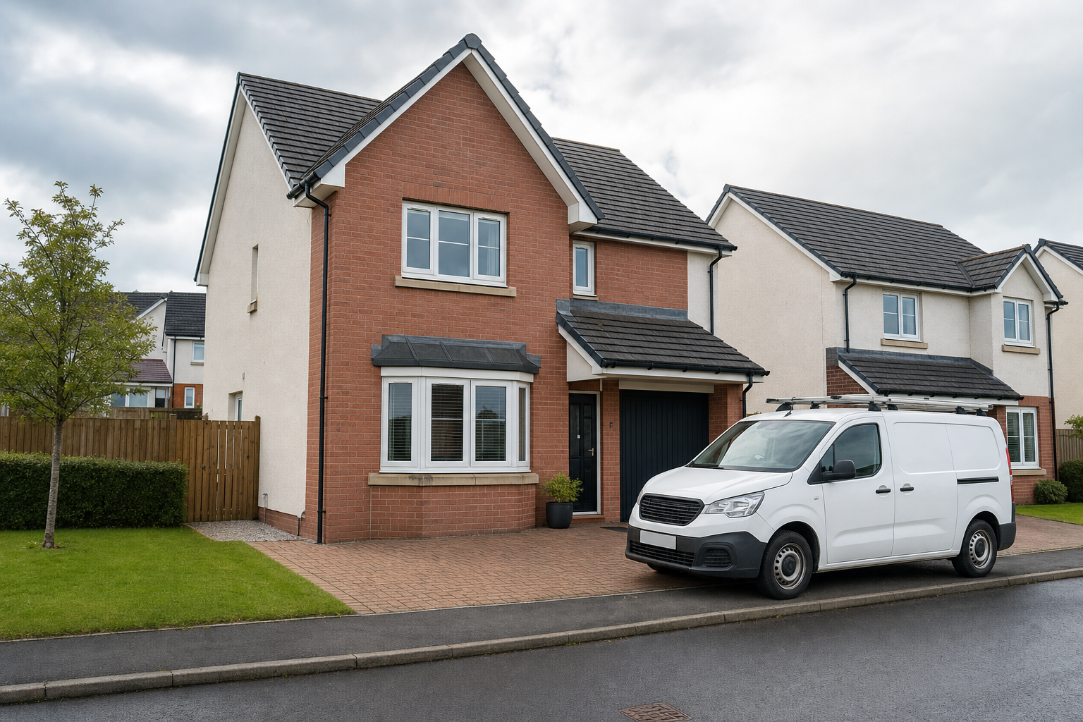 Modern detached house with a white van parked in the driveway on a cloudy day.