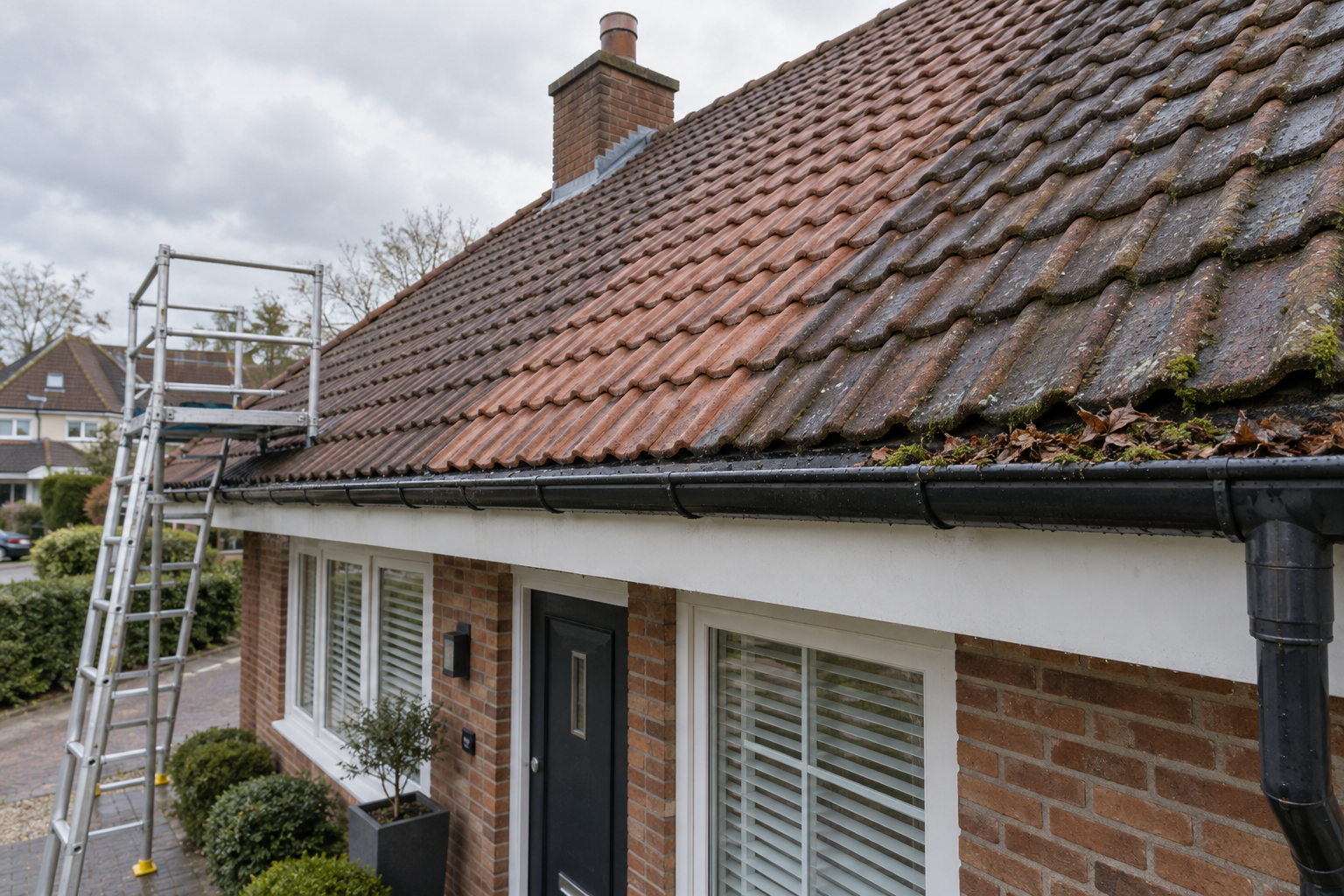 A brick house with a tiled roof has leaves and moss in the gutters, alongside a ladder and scaffolding for maintenance.