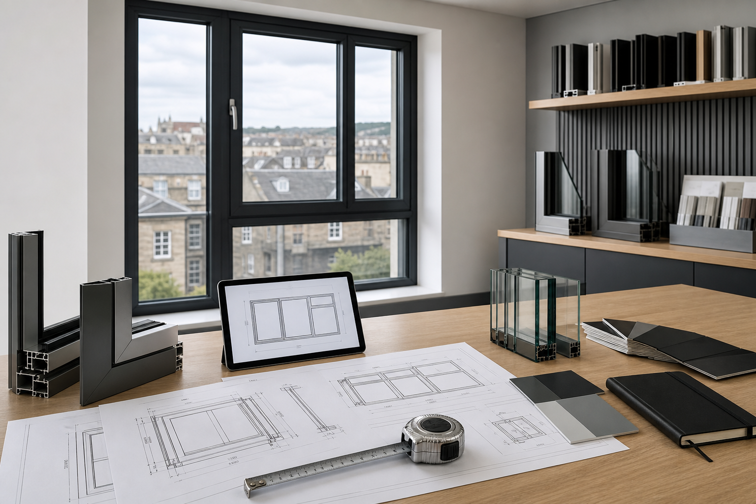 Architectural design workspace with blueprints, a tablet, metal frames, and a tape measure on a wooden desk.