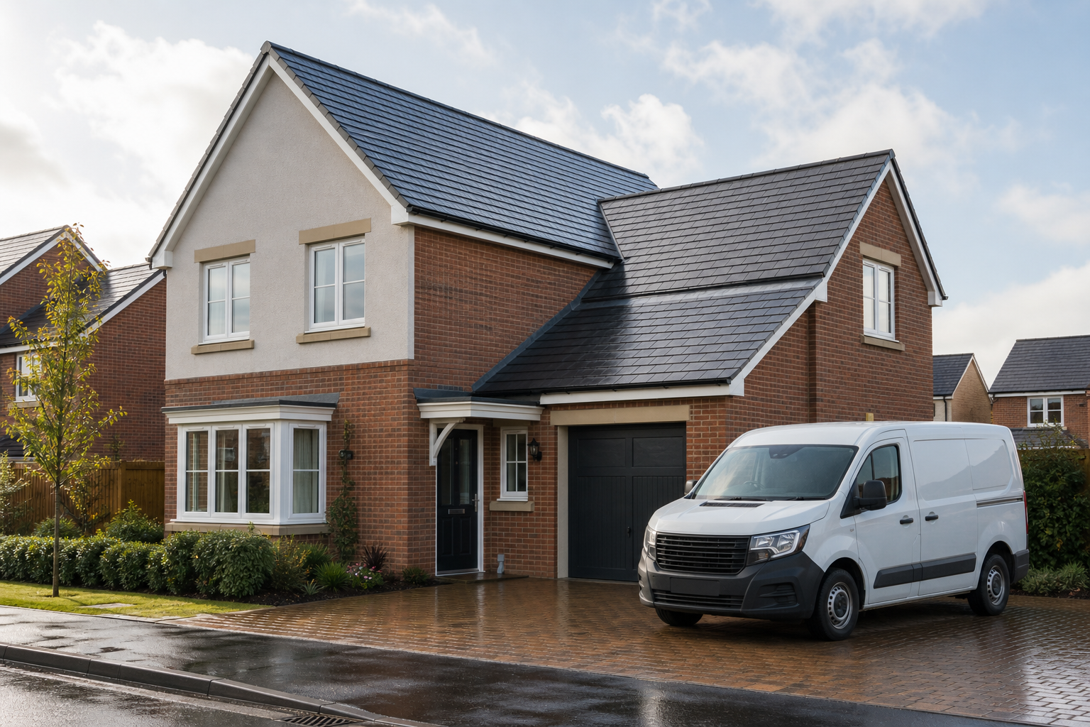 Two-storey brick house with a dark roof and a white van parked on a wet driveway in a suburban neighbourhood.
