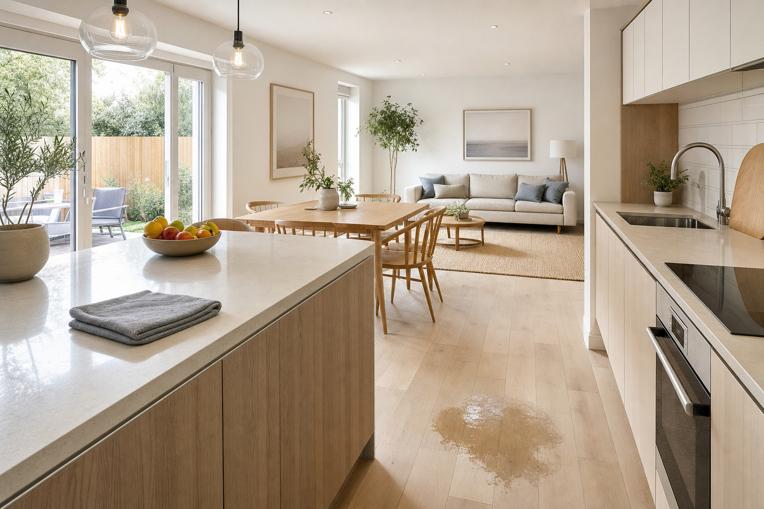 Open-plan kitchen and living room with wooden floors, a dining table, a grey sofa, and a spill on the floor near the oven.
