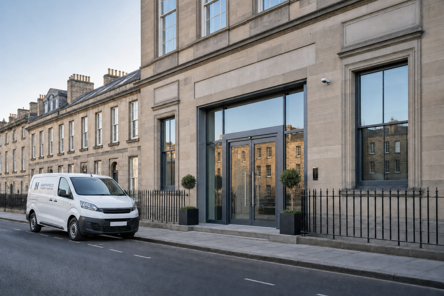 White van parked on a street in front of a modern office building with large windows and potted plants.