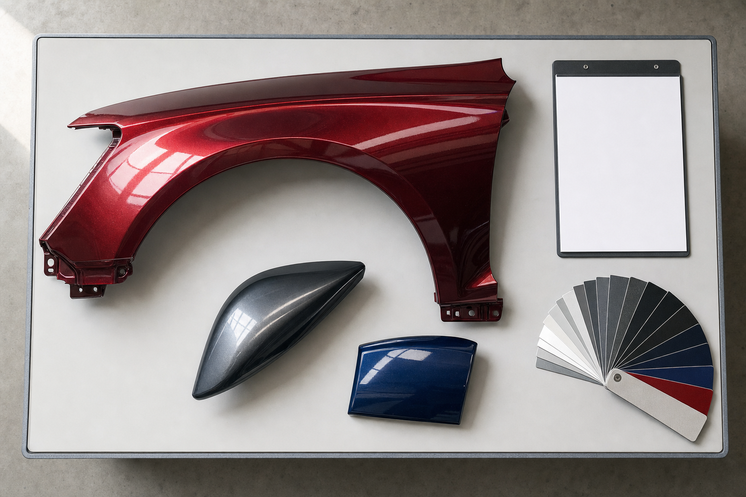 Car body parts and paint samples on a table alongside a blank clipboard, all displayed for colour matching.