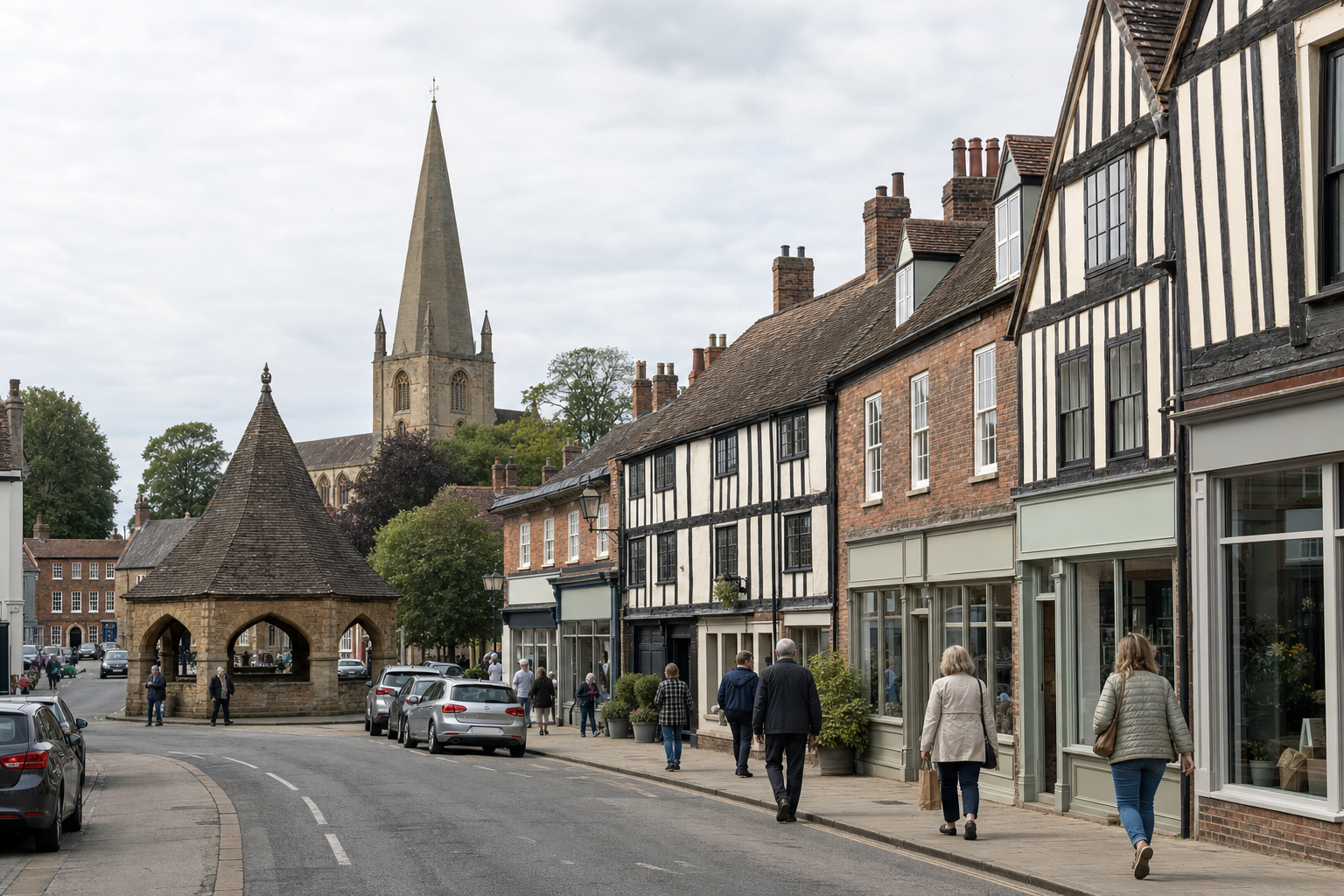 A quaint English street with historic buildings and a stone market cross, leading to a church with a tall spire.