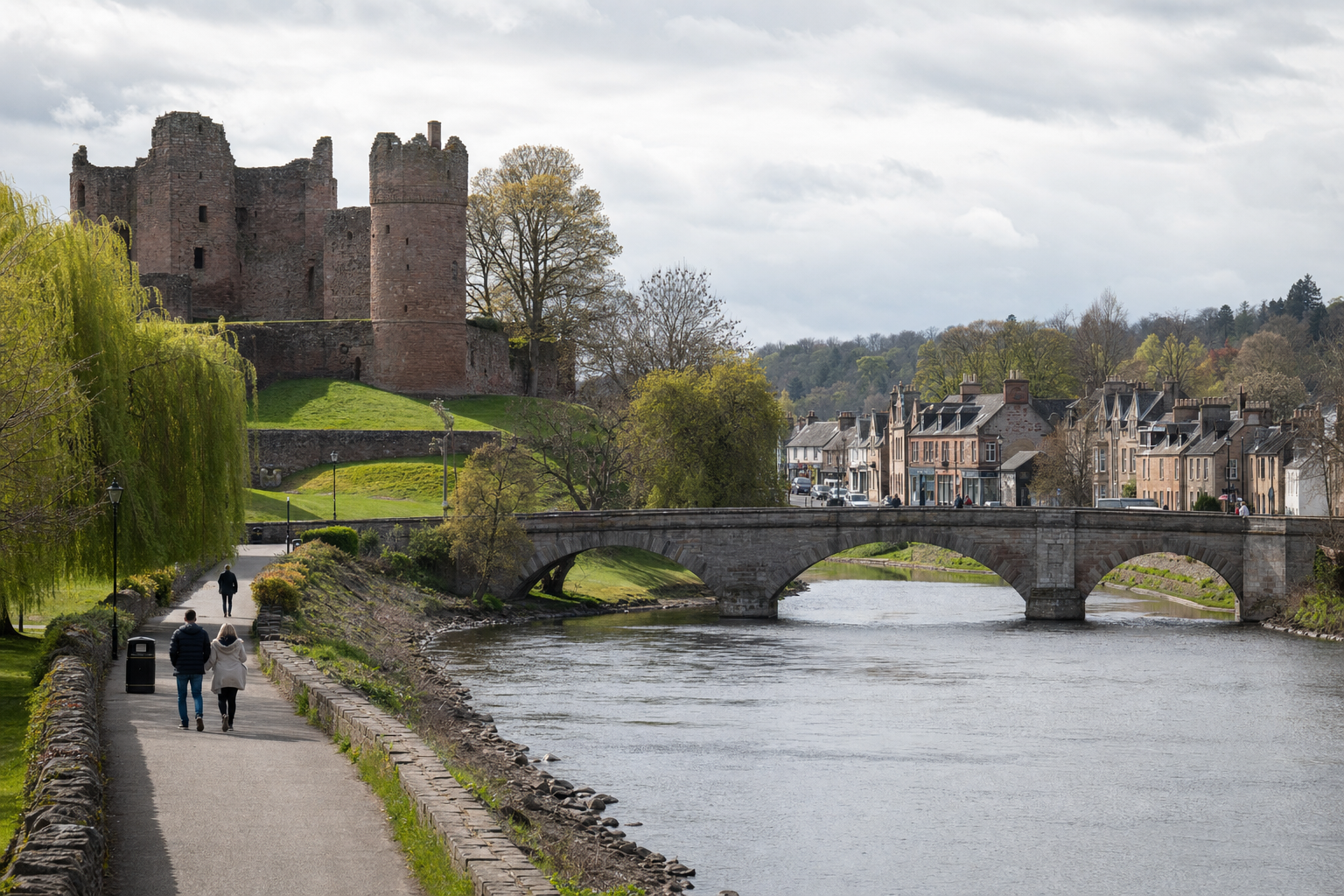 A castle overlooks a riverside path, with people walking and a stone bridge leading to a row of houses.
