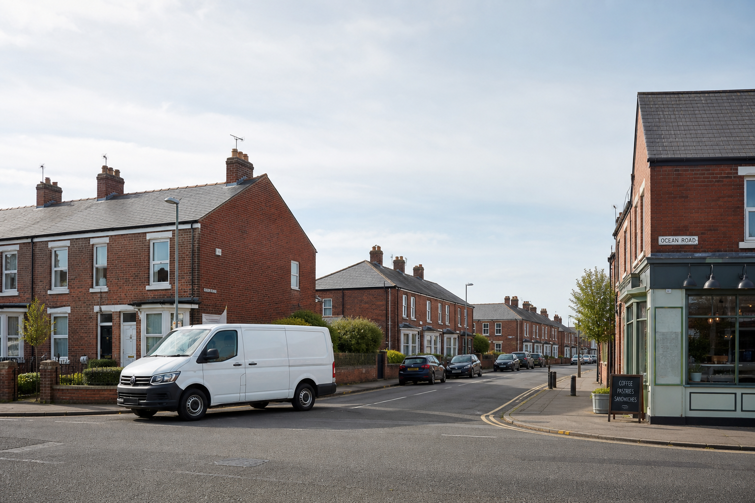 White van parked on a corner in a residential street with brick houses and a cafe.