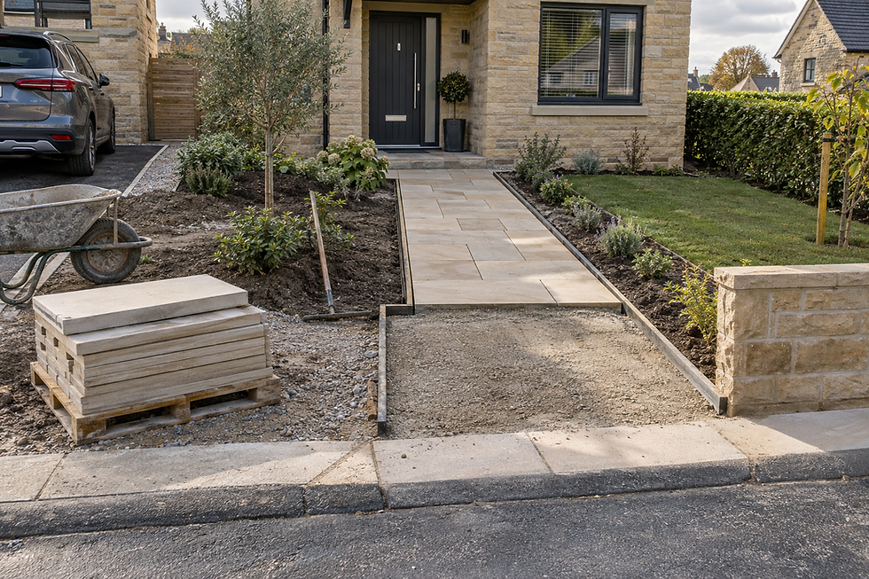 Paving slabs and a wheelbarrow beside a newly laid stone path in front of a house.