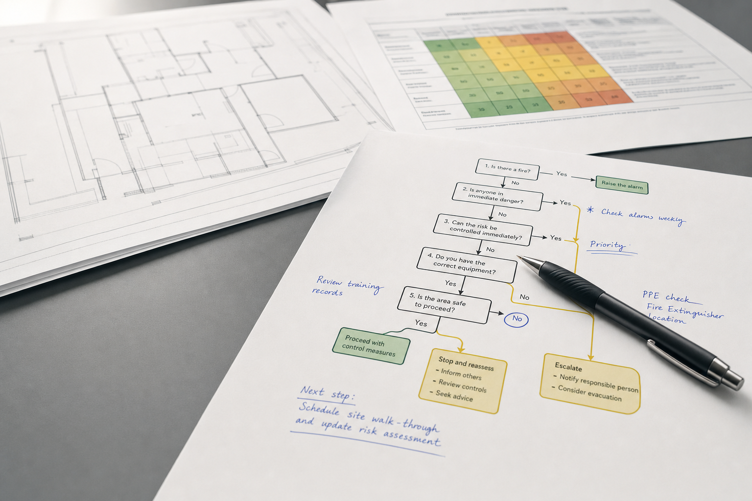 A pen rests on a flowchart, surrounded by architectural plans and a colourful risk assessment table.
