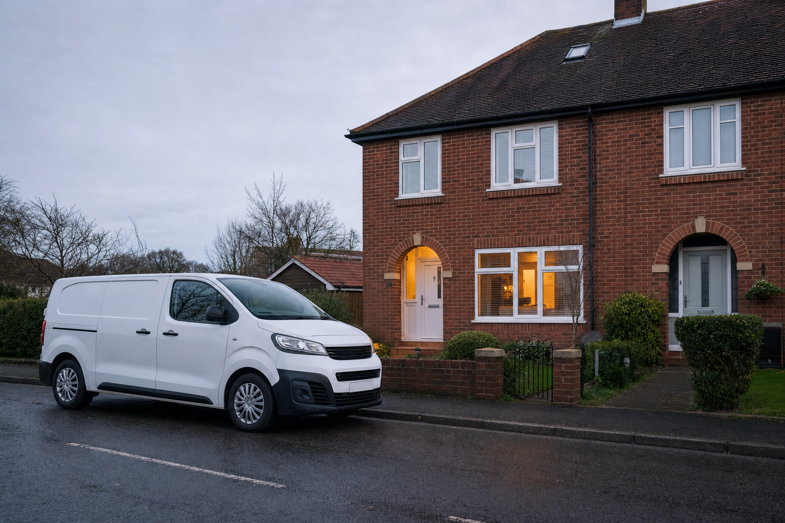 A white van parked on the street in front of a red brick semi-detached house with lit windows.