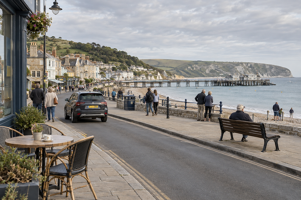 People stroll along a seaside promenade with a view of a pier and coastal cliffs in the background.