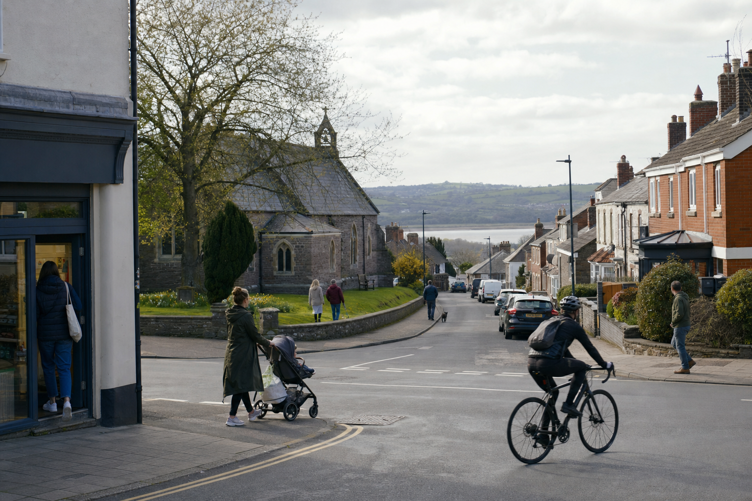 A cyclist rides past a church and terraced houses on a quiet street with distant views of hills and water.