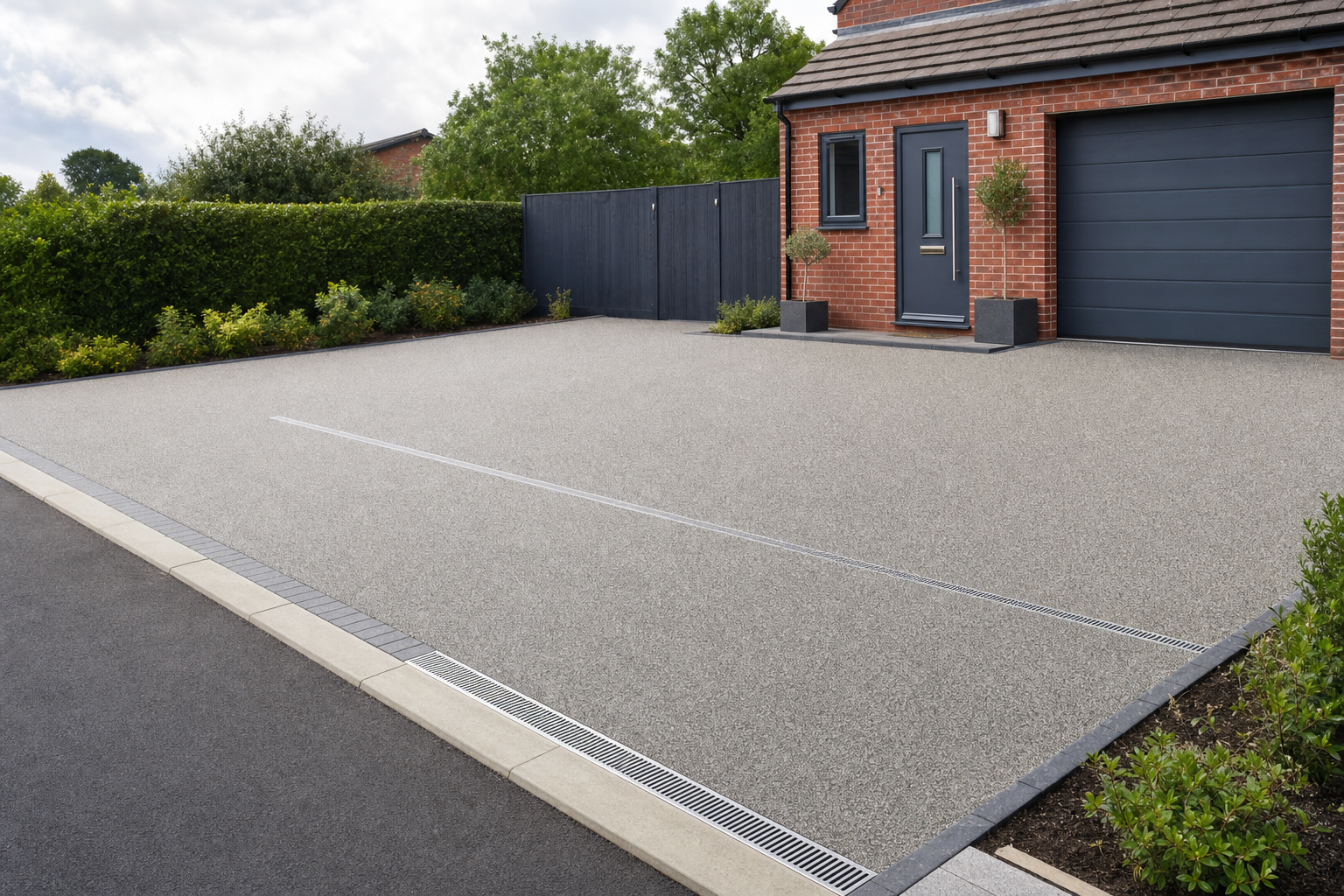Modern brick house with a resin-bound driveway, framed by neat hedges and potted plants.