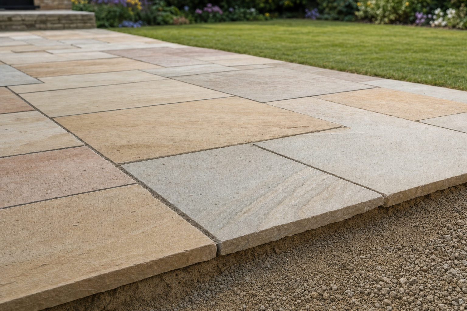 A close-up of a freshly laid stone patio with a lush green lawn and vibrant flowerbed in the background.