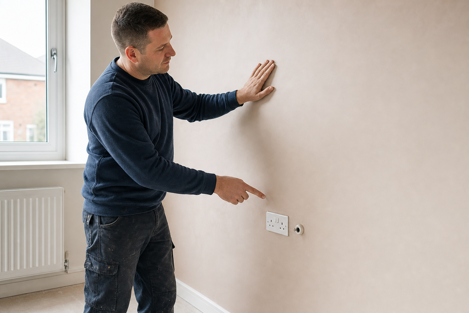 A man in a blue jumper examines and points to a newly installed electrical socket on a beige wall.