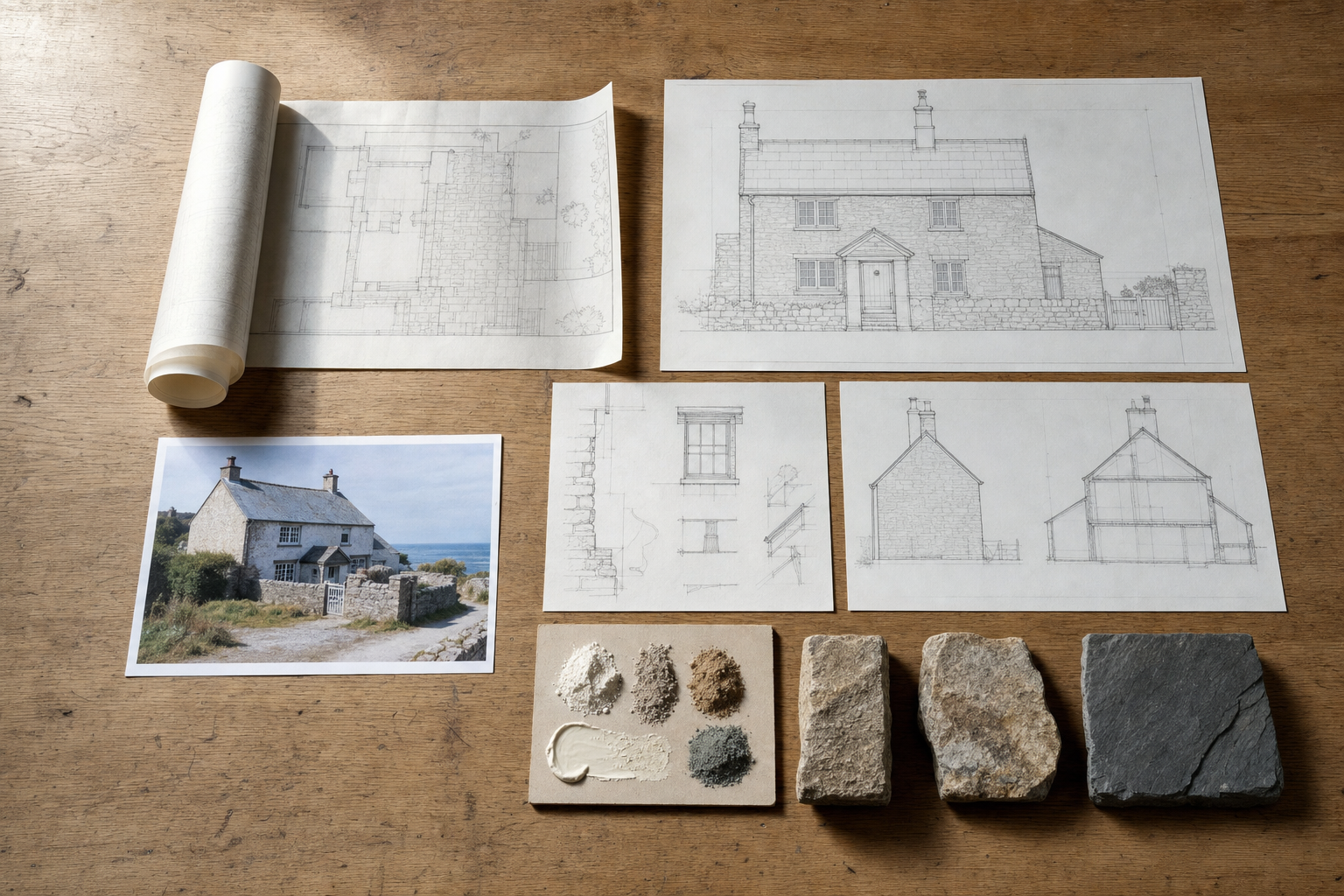 Architectural sketches and materials for a stone cottage with a reference photo on a wooden table.