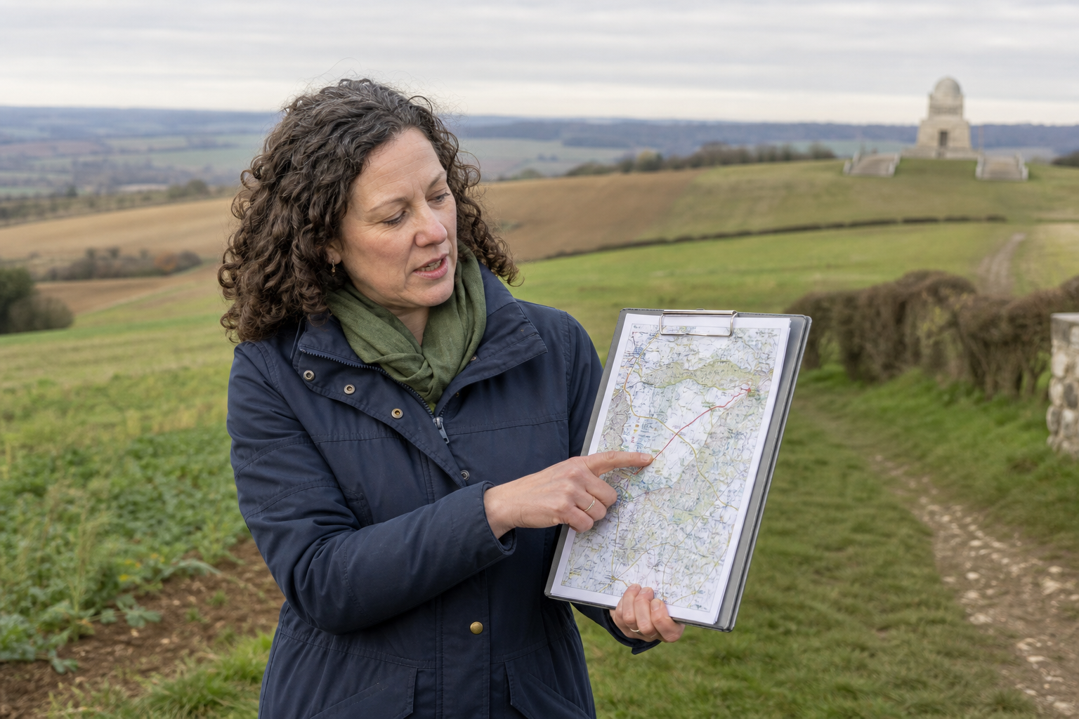 A woman in a blue coat points to a map on a clipboard in a rural landscape with a monument in the distance.