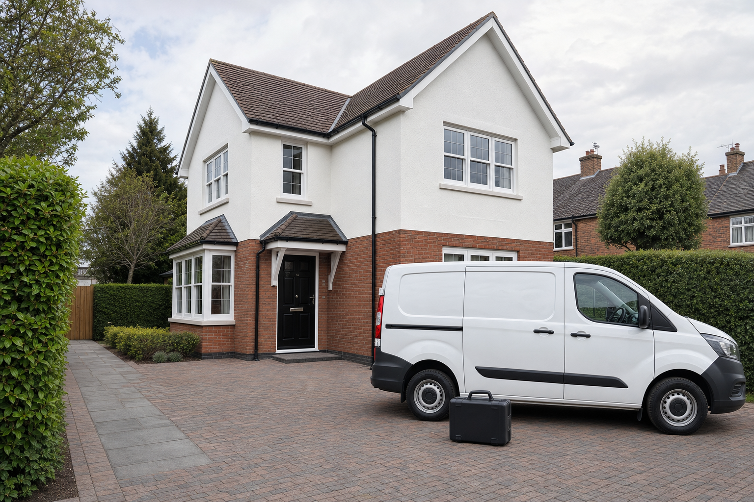White van parked in front of a modern two-storey house with a suitcase on the driveway.