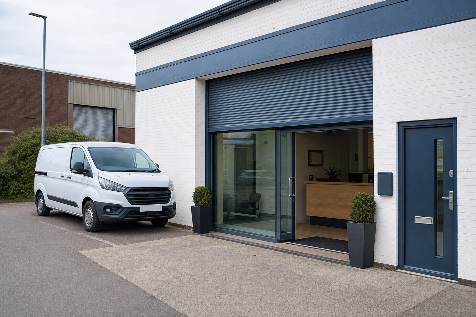 A white van parked outside a modern office building with a blue door and roller shutter.