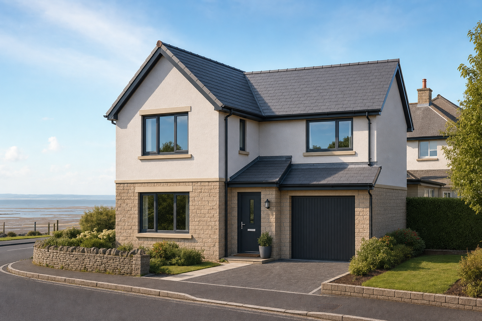 Modern detached house with cream walls, grey roof, and adjoining garage, set in a coastal neighbourhood.