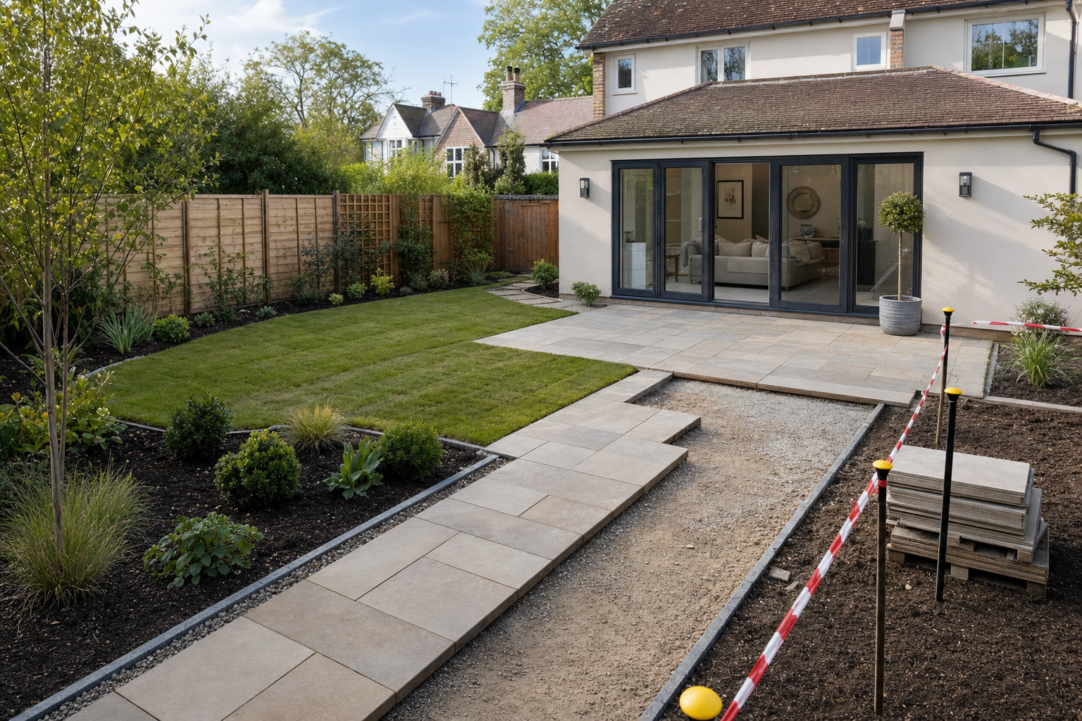 A modern house with a landscaped garden and patio under construction, featuring neatly arranged greenery and a paved path.