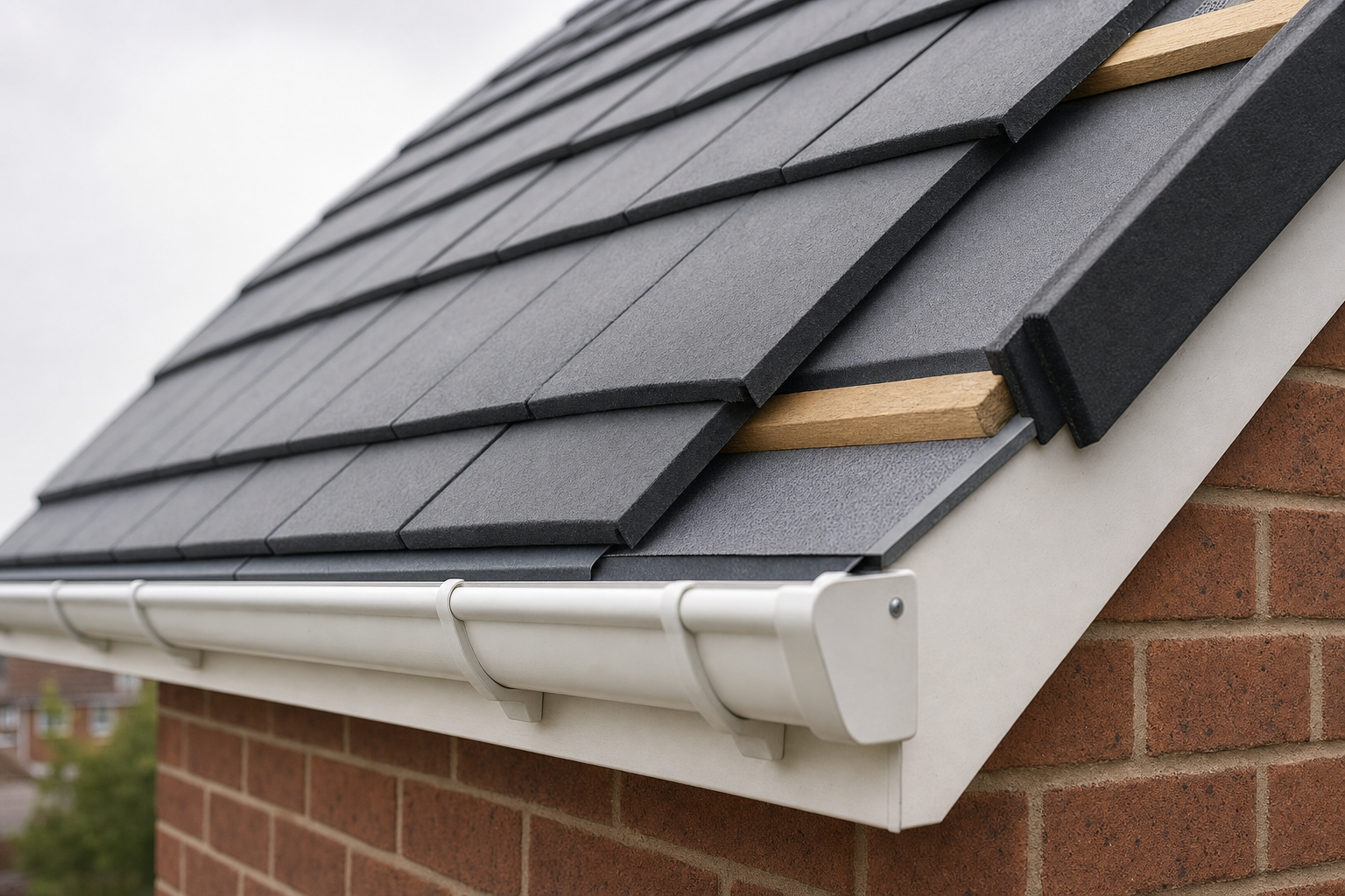 Grey slate roof tiles on a brick house with white uPVC guttering.