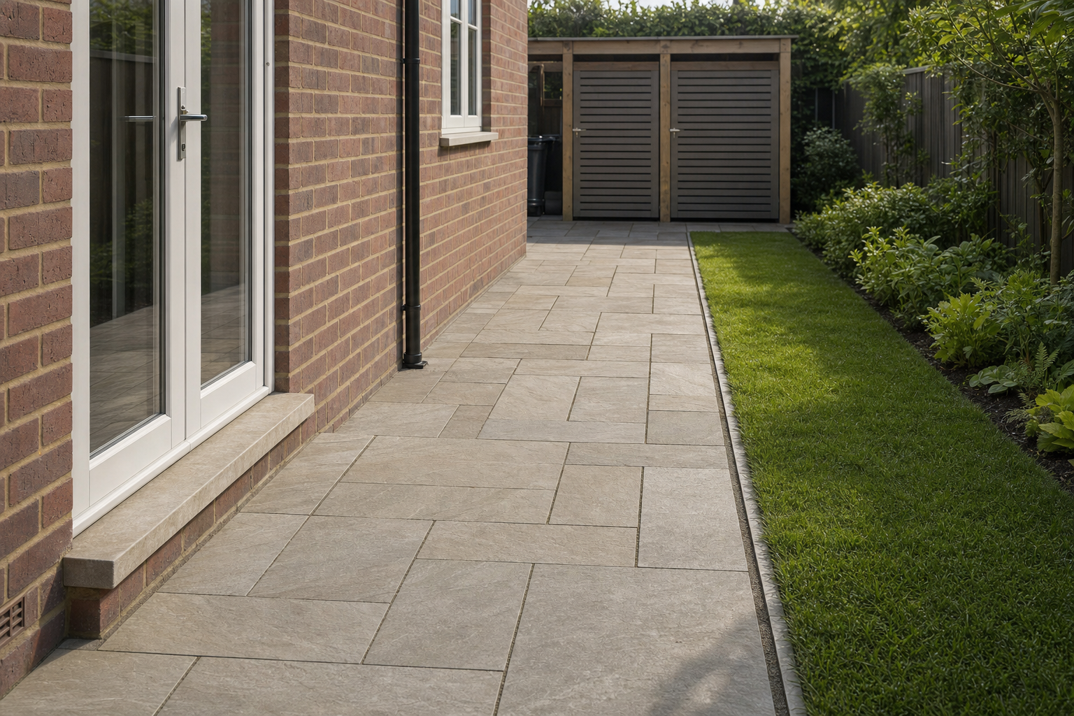 A neatly paved patio beside a brick house, with a well-kept lawn and a small garden shed in the background.