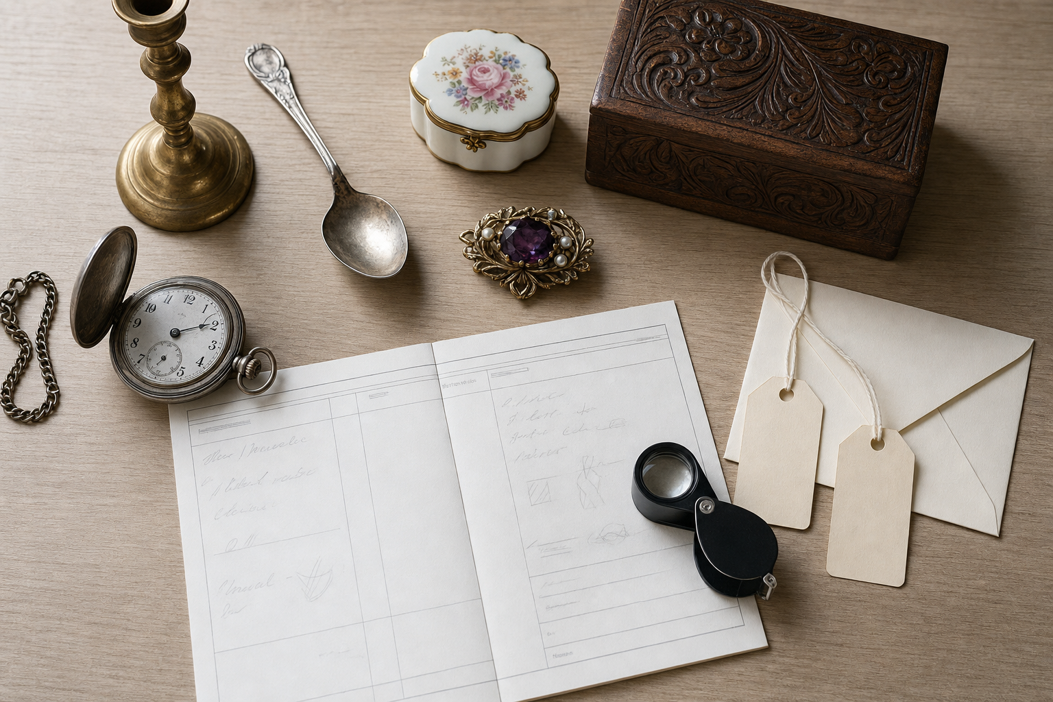 Vintage pocket watch, ornate box, magnifying glass, and assorted antique items on a wooden surface.