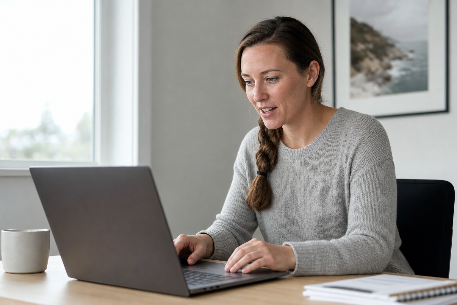 A woman with a braid is smiling and typing on a laptop at a desk.