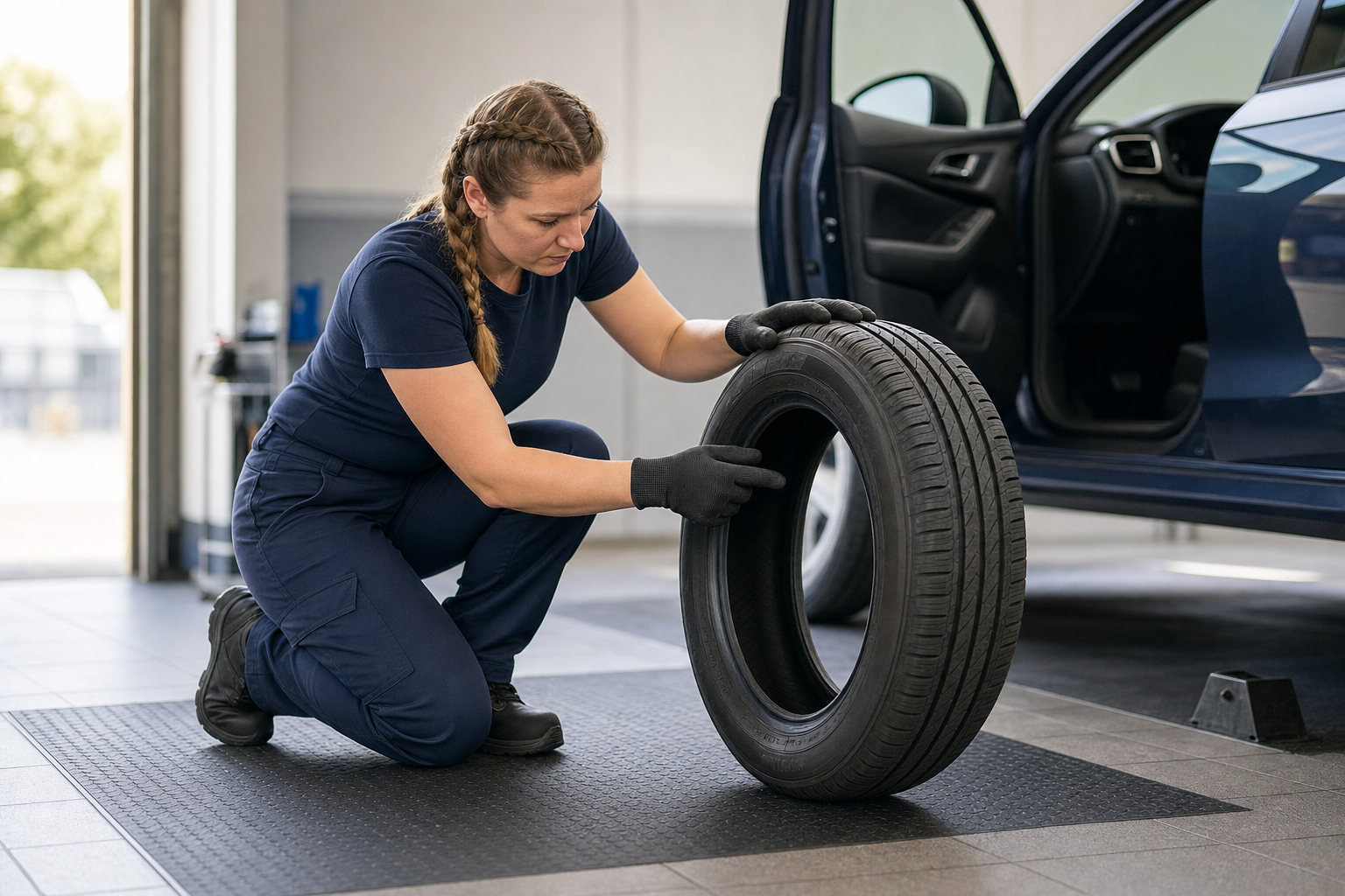 A mechanic examines a car tyre inside a garage, with a blue car in the background.