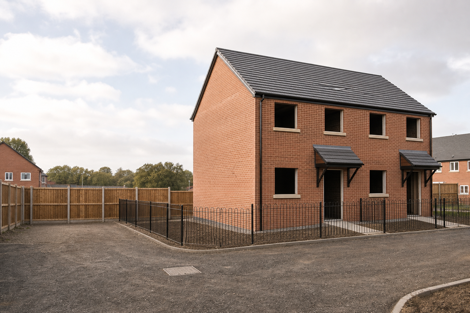 Unfinished red brick semi-detached houses with no windows or doors, surrounded by wooden fences under a cloudy sky.