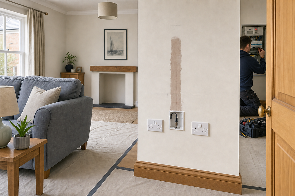 A person is working on a circuit breaker box in a partially decorated living room with a patched wall for wiring