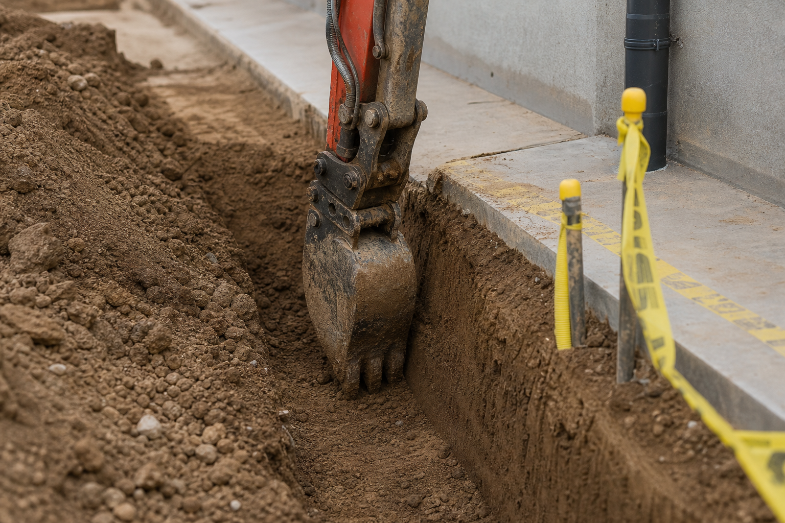 An excavator bucket digs a trench beside a concrete path, with safety tape marking the area.