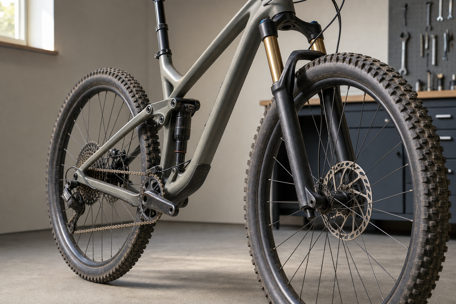 A mountain bike with thick tyres and suspension, set in a garage workshop with tools on the wall.