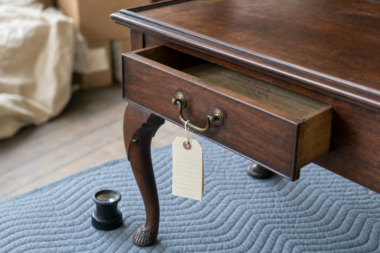 Antique wooden table with a partially open drawer featuring a maker's mark and a tag, placed on a textured grey rug.