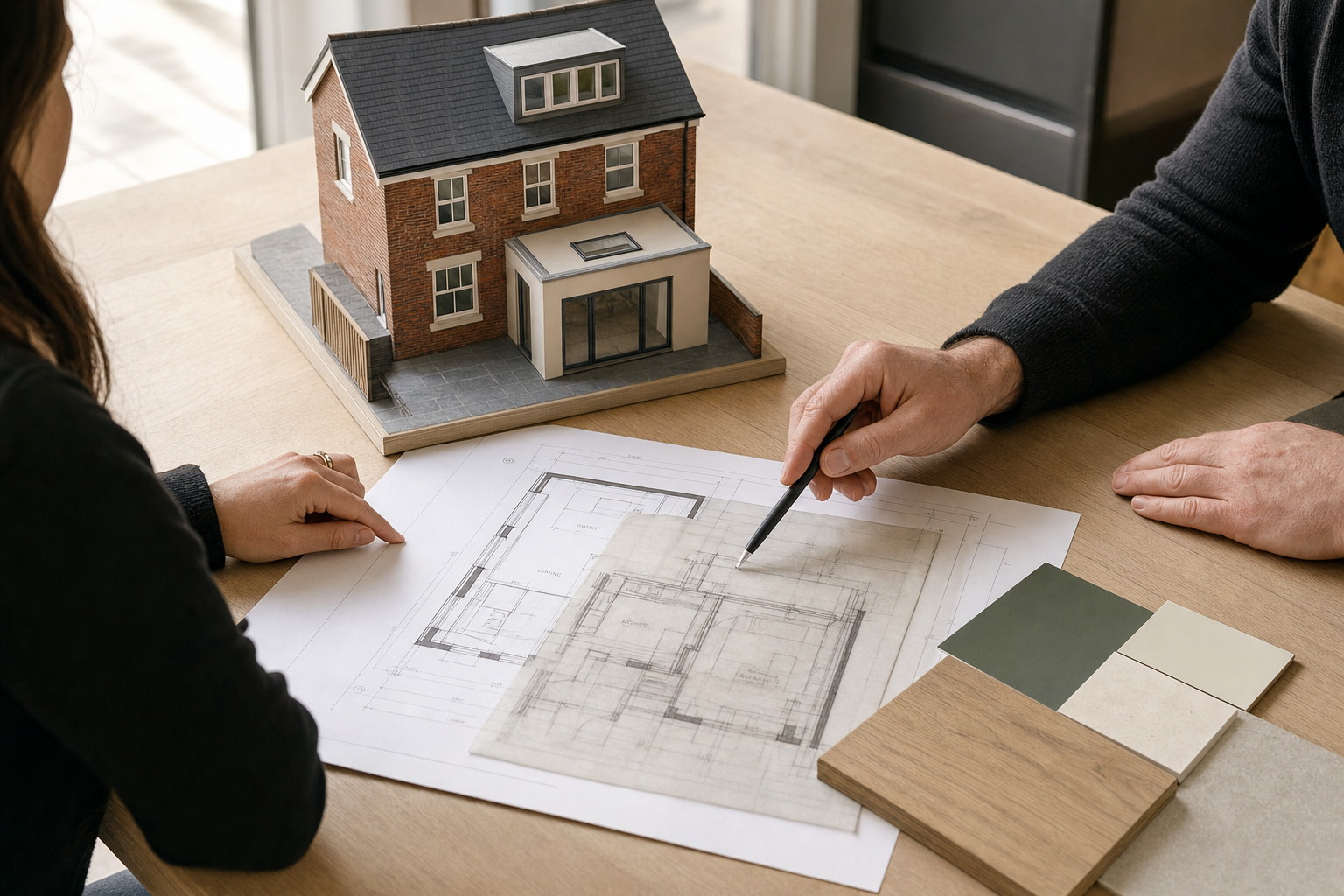 Two people discussing architectural plans with a house model and material samples on a table.