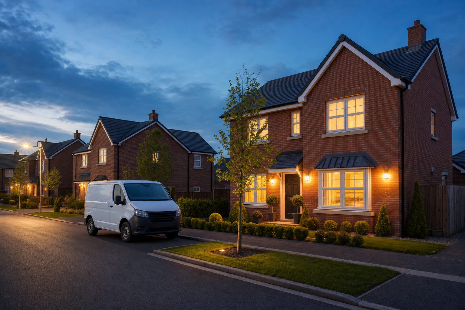 A quiet suburban street at dusk with a white van parked outside a lit-up brick house.