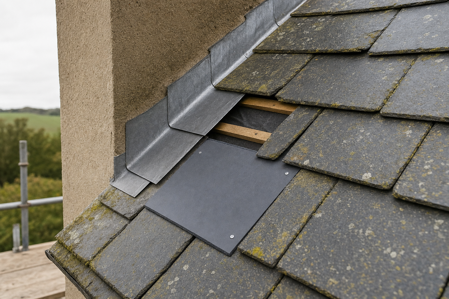 Close-up of a slate roof corner with flashing and exposed wooden battens beneath missing tiles.