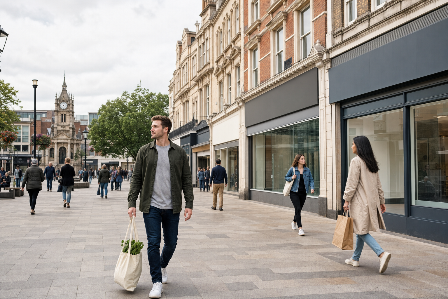 A man carrying a reusable bag of greens walks through a bustling pedestrian shopping street.